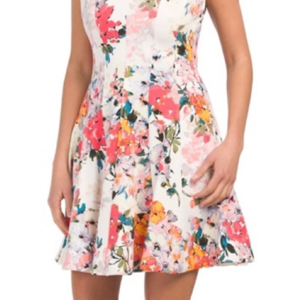 Just Taylor Dress Size 10 Sleeveless Colorful Floral Fit Flare Pockets Knit Zip
